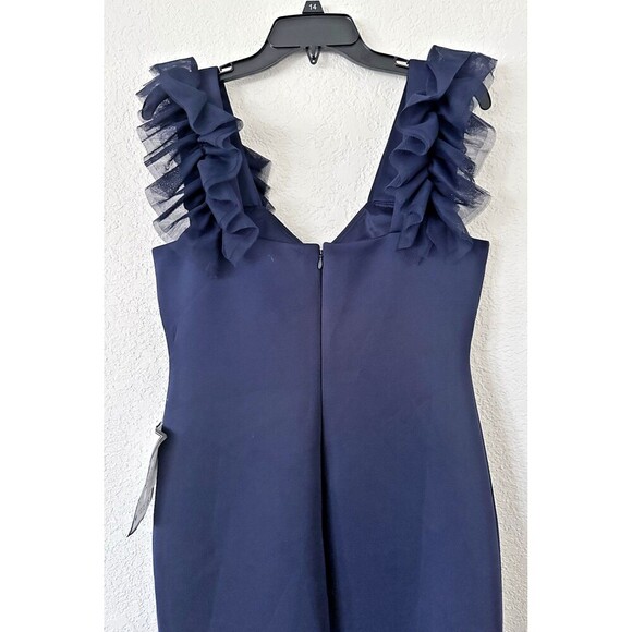 Eliza J Women's Ruffle-Shoulder Mixed-Media V-neck Gown Maxi Dress Navy 12 - Picture 7 of 9